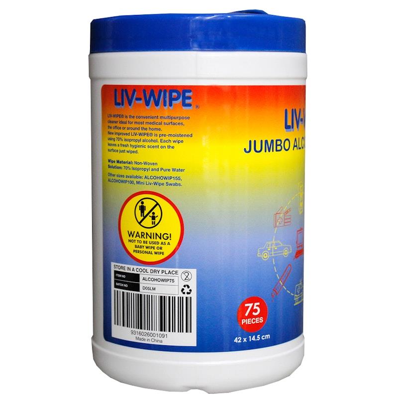 Load image into Gallery viewer, Liv-Wipe Antibacterial 70% Isopropyl Alcohol Wipes 75 Wipes 1tub

