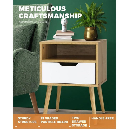 Oikiture Bedside Table Drawers Side Tables Nightstand Trendy Furniture Cabinet Natural & White