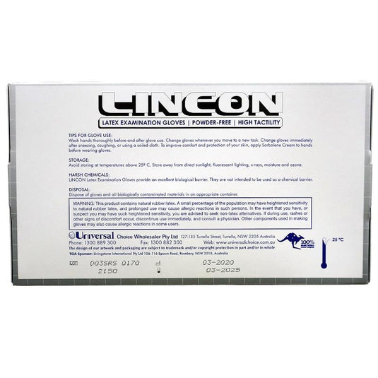 Lincon Biodegradable Latex Examination Gloves AS NZ Powder Free Small 100 Pieces/Box