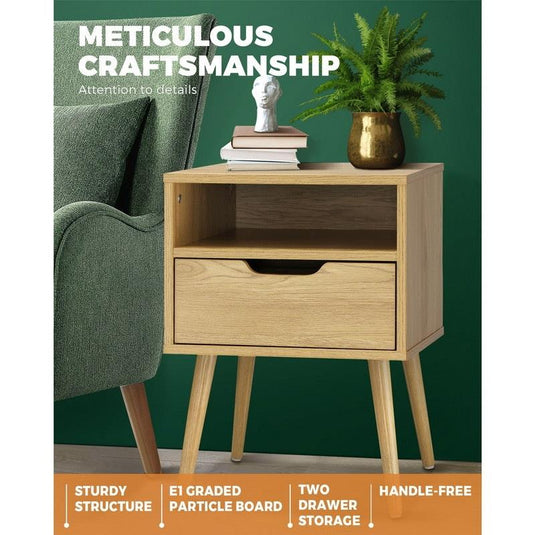 Oikiture Bedside Table Drawers Side Tables Nightstand Bedroom Cabinet Wood Natural