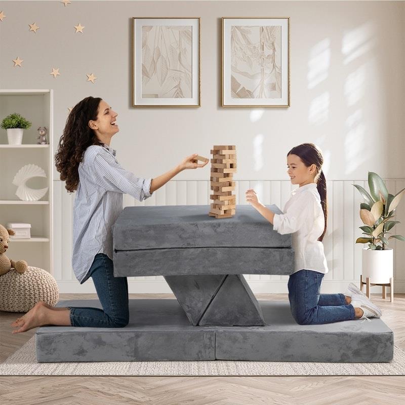 Load image into Gallery viewer, Oikiture 4 Pieces Kids Sofa Play Couch Modular Lounge Cushion Convertible Playset Grey
