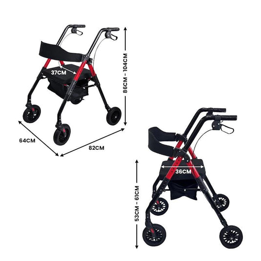 Orthonica Foldable Mobility Steel Rollator Walker 136kg Max Capacity Red