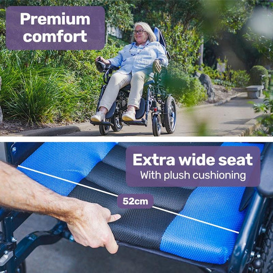 Equipmed Power Electric Wheelchair Longrange For S-XL 16" Wheels Black & Blue