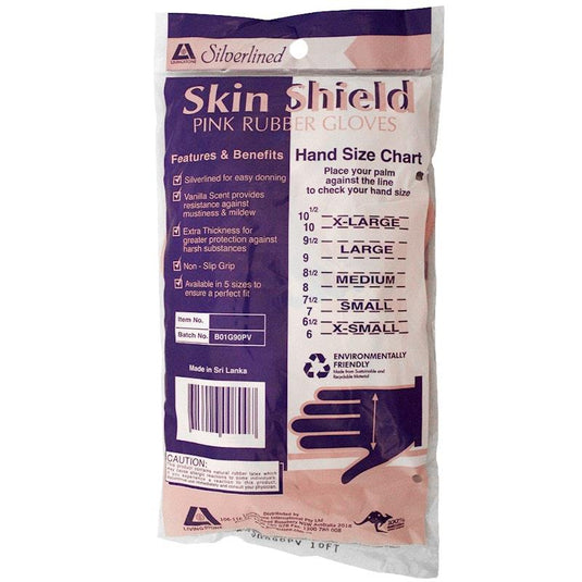 Skin Shield Silver Lined Natural Rubber Gloves Vanilla Scented Pair Pink Size 10-10.5