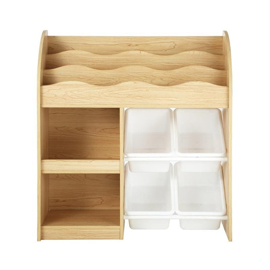 Oikiture Kids Bookshelf 4 Bins Toy Box Storage Organiser Display Shelf Natural & White