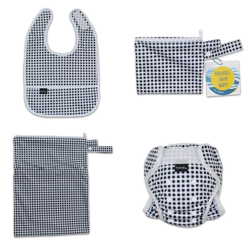 Load image into Gallery viewer, tyoub On The Go - Gift Set, Reusable Swim Nappy, Wet Bag and Baby Bib - Black Check One Size
