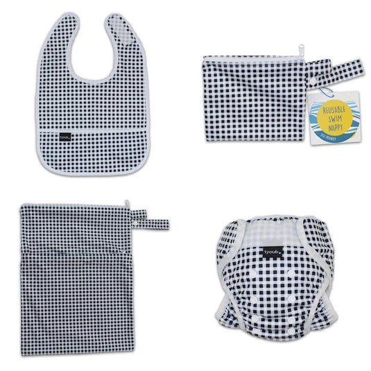 tyoub On The Go - Gift Set, Reusable Swim Nappy, Wet Bag and Baby Bib - Black Check One Size
