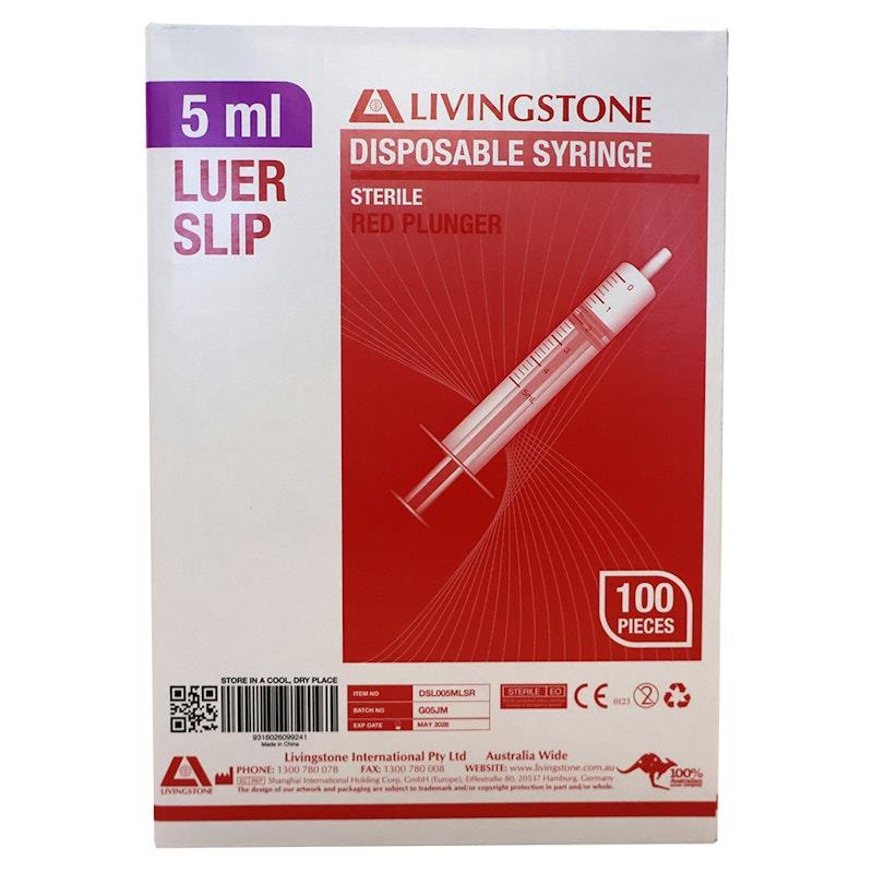 Load image into Gallery viewer, Livingstone Syringe Luer Slip Tip Red Plunger Sterile 5ml 100 Pieces/Box
