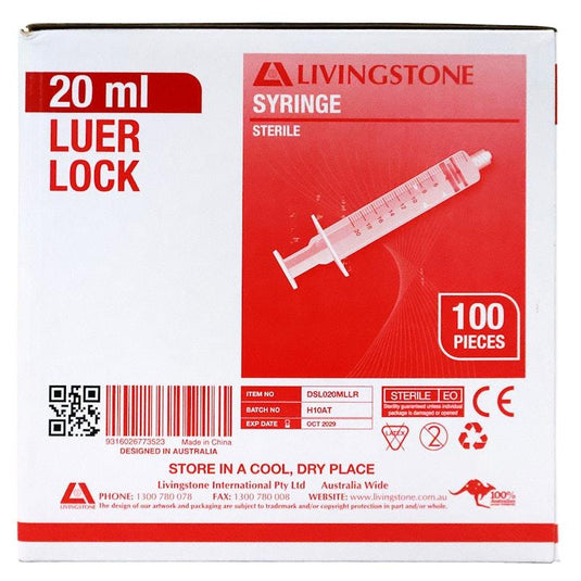 Livingstone Syringe Luer Lock Tip Red Plunger Sterile 20mL 100 Pieces/Box