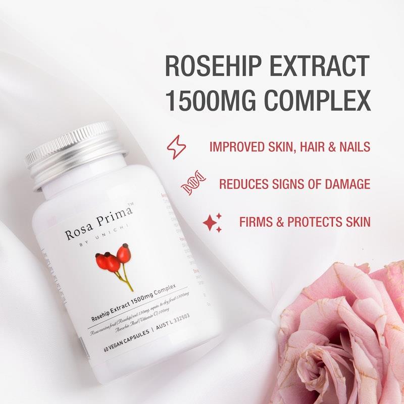 Load image into Gallery viewer, Unichi Rosa Prima Rosehip Extract 1500mg Complex 60 Vegan Capsules x2 Pack
