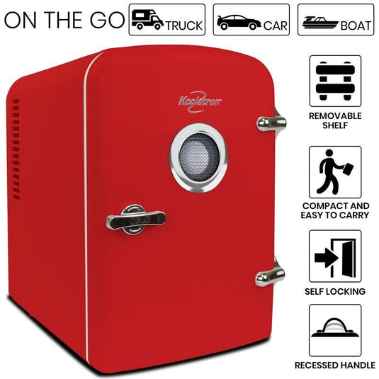 Koolatron Portable Retro Mini Fridge with Bluetooth Speaker Red 4 Litre