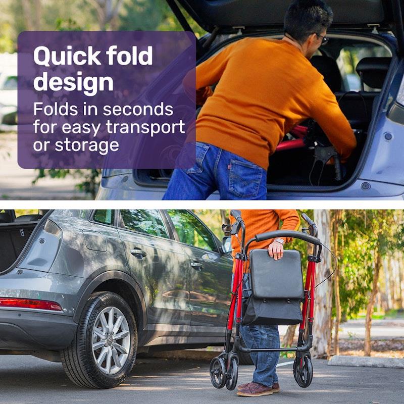Load image into Gallery viewer, Equipmed 4 Wheel Lightweight Rollator Walker Red
