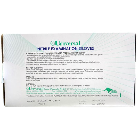 Universal Choice Nitrile Examination Gloves AS NZ Powder Free Medium 100 Pieces/Box