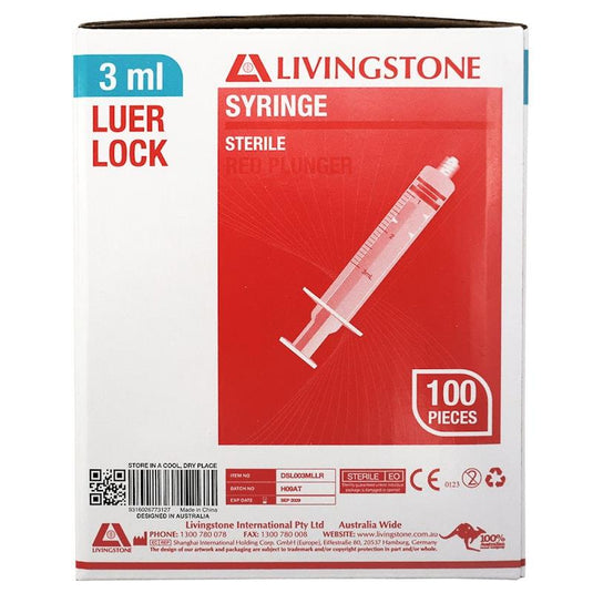 Livingstone Syringe Luer Lock Tip Red Plunger Sterile 3ml 100 Pieces/Box