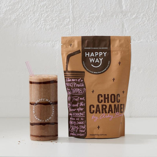Happy Way Ashy Bines Choc Caramel Whey Protein Powder 500g