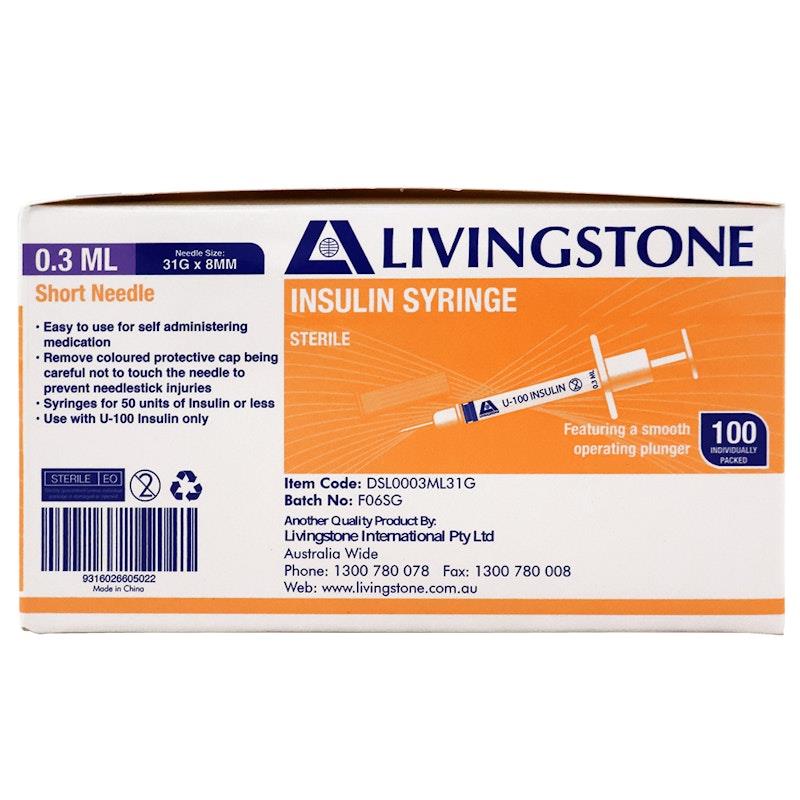 Load image into Gallery viewer, Livingstone Insulin Syringes 0.3mL White Plunger with Needle 31 Gauge Sterile 100 Pieces/Box
