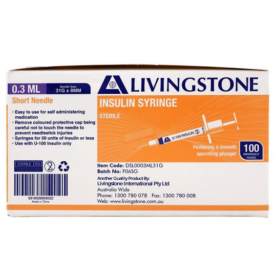 Livingstone Insulin Syringes 0.3mL White Plunger with Needle 31 Gauge Sterile 100 Pieces/Box