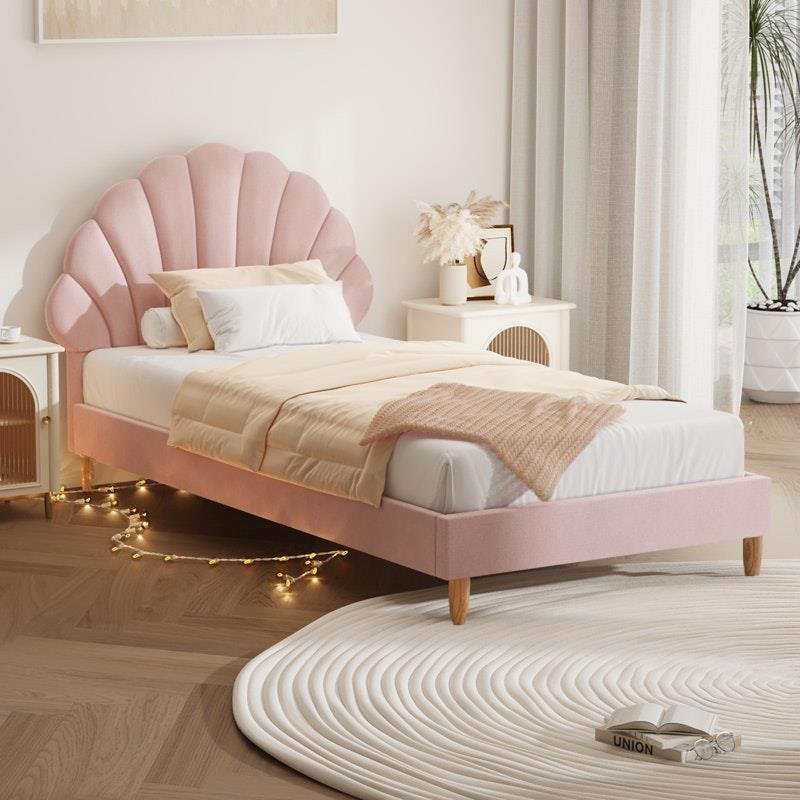 Load image into Gallery viewer, Oikiture Bed Frame Single Size Scallop-Shape Bedhead Velvet Pink
