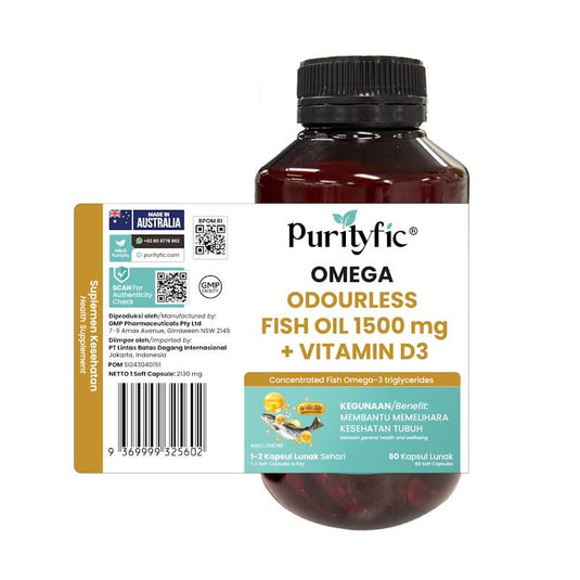 PURITYFIC Omega Odourless Fish Oil + Vitamin D3 (60 Soft Gels) 1Unit