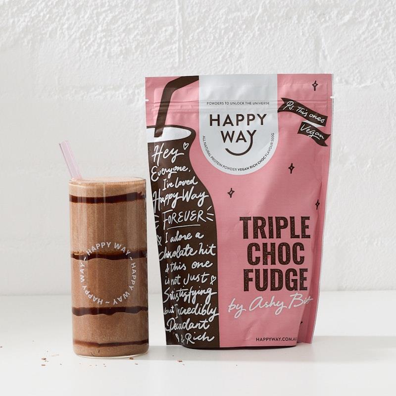 Load image into Gallery viewer, Happy Way Ashy Bines Triple Choc Fudge Vegan Protein Powder 500g
