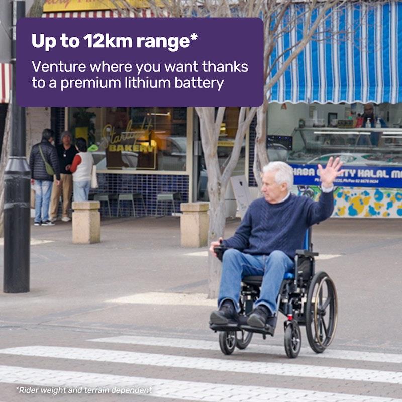 Load image into Gallery viewer, Equipmed Electric Wheelchair Folding, Long Range, 24" Light Rear Wheels Black &amp; Blue
