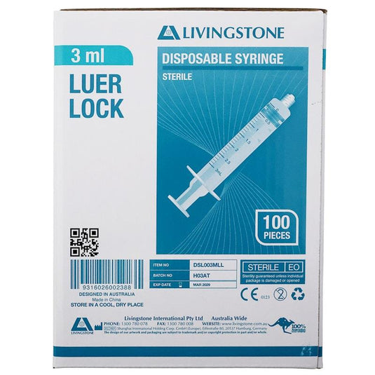 Livingstone Syringe Luer Lock Tip 3ml 100 Pieces/Box