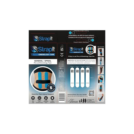 Strapit Back/Spinal/General Precut Kinesiology Tape - BLACK/BLUE - Box of 5 2 Pack