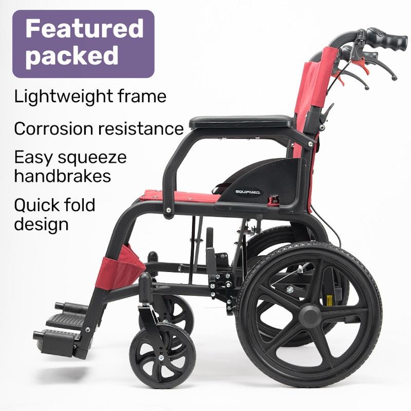 Load image into Gallery viewer, Equipmed Folding Transit Wheelchair Lightweight Red
