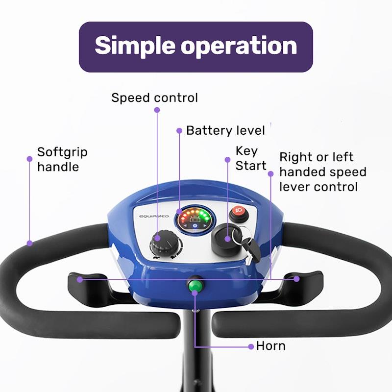 Load image into Gallery viewer, Equipmed Freeroam+ Mid-Sized Foldable Electric Lithium Mobility Scooter Blue

