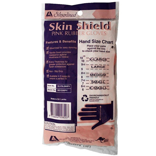 Skin Shield Silver Lined Natural Rubber Gloves Vanilla Scented Pair Pink Size 9-9.5