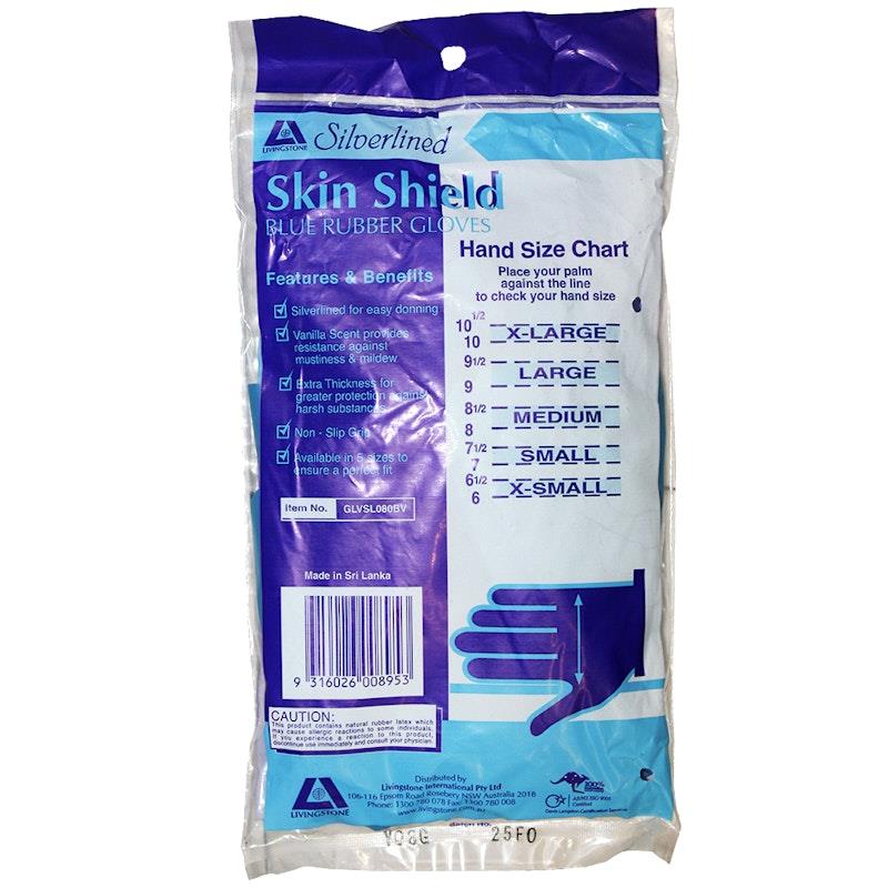 Load image into Gallery viewer, Skin Shield Silver Lined Natural Rubber Gloves Vanilla Scented Pair Blue Size 8-8.5
