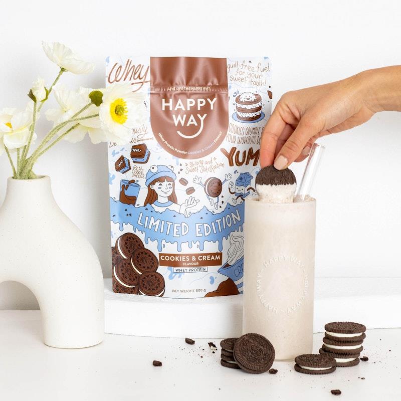 Load image into Gallery viewer, Happy Way Cookies &amp; Cream Whey Protein Powder 500g
