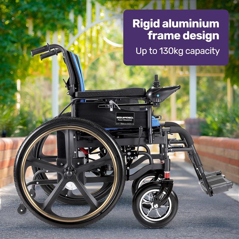 Load image into Gallery viewer, Equipmed Electric Wheelchair Folding, Long Range, 24" Light Rear Wheels Black &amp; Blue
