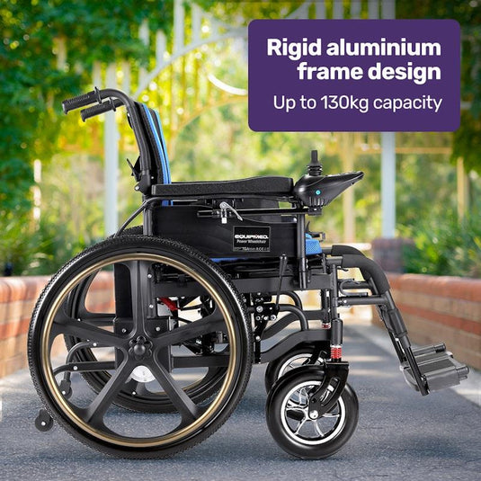 Equipmed Electric Wheelchair Folding, Long Range, 24" Light Rear Wheels Black & Blue