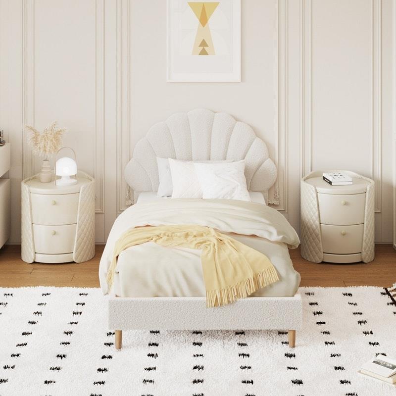 Load image into Gallery viewer, Oikiture Bed Frame Single Size Scallop-Shape Bedhead Boucle White
