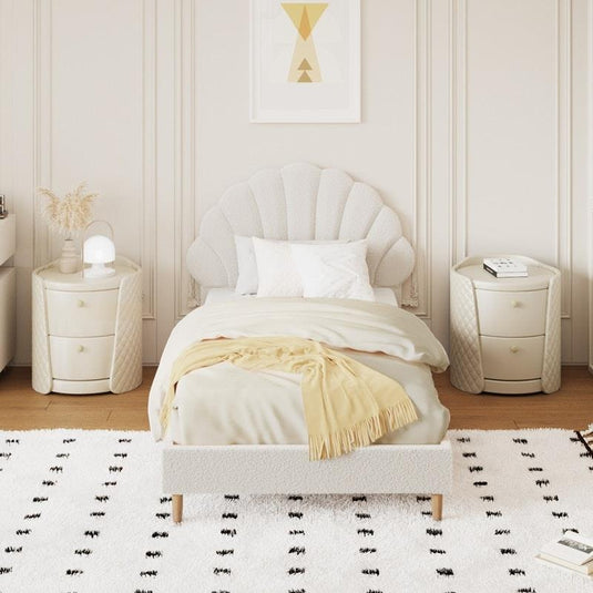 Oikiture Bed Frame Single Size Scallop-Shape Bedhead Boucle White