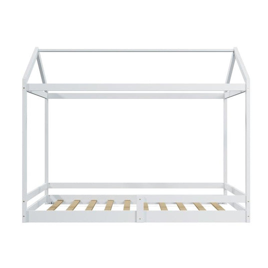 Oikiture Kids Wooden Bed Frame Timber House Beds Base with Fence Double White