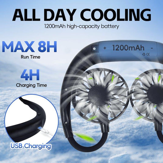 Living Today Sports Rechargeable Neck Fan Portable 3 Speeds USB Charging Black