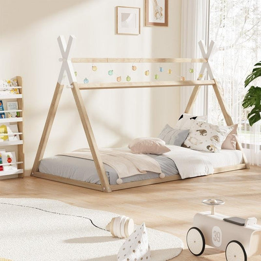 Oikiture Kids Bed Frame Wooden Timber King Single Teepee House Frame Beds 1unit