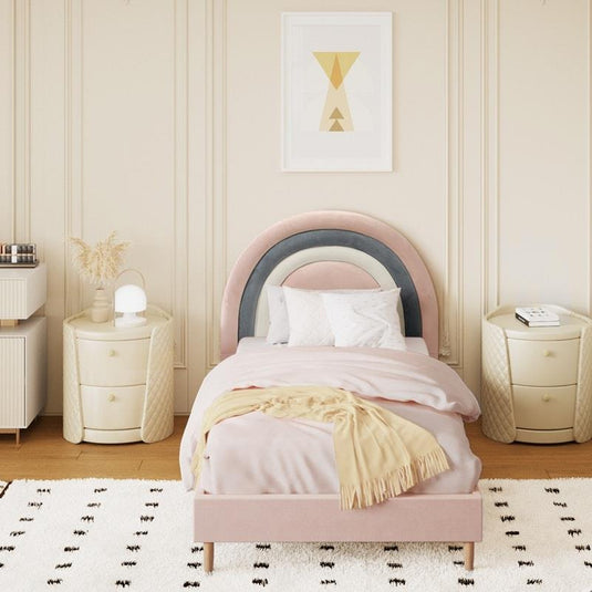Oikiture Bed Frame Single Size Rainbow Kids Bed Frame Velvet Pink