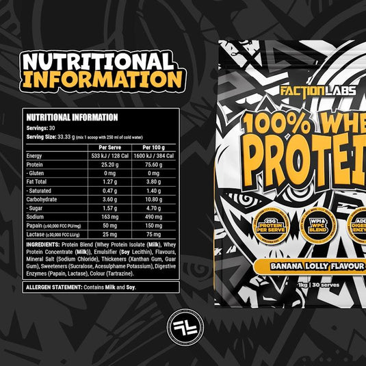 Faction Labs 100% Whey Protein - 30 serves Banana Lolly