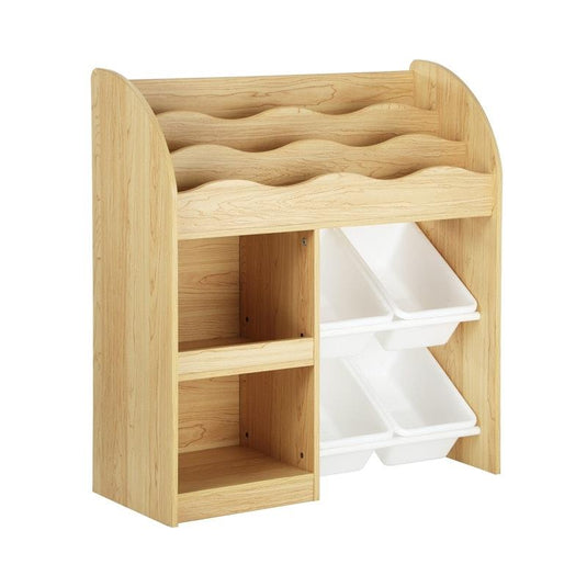 Oikiture Kids Bookshelf 4 Bins Toy Box Storage Organiser Display Shelf Natural & White