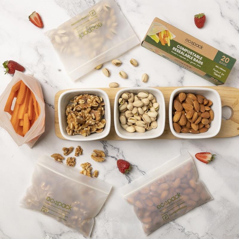 Load image into Gallery viewer, Ecopack Compostable Resealable Snack &amp; Sandwich Bags Bundle 4 Boxes/70 Bags
