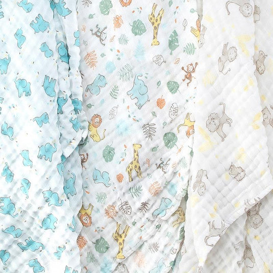 The Little Linen Company Muslin Swaddle 3Pk Prints - Safari Bear