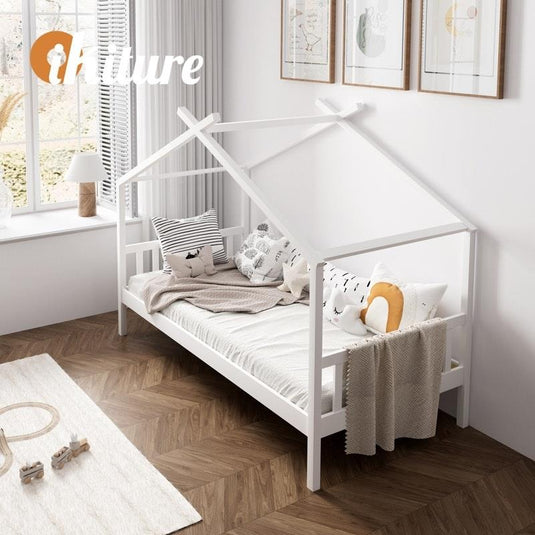 Oikiture Bed Frame Wooden Base Kids Single Timber House Beds White 1unit