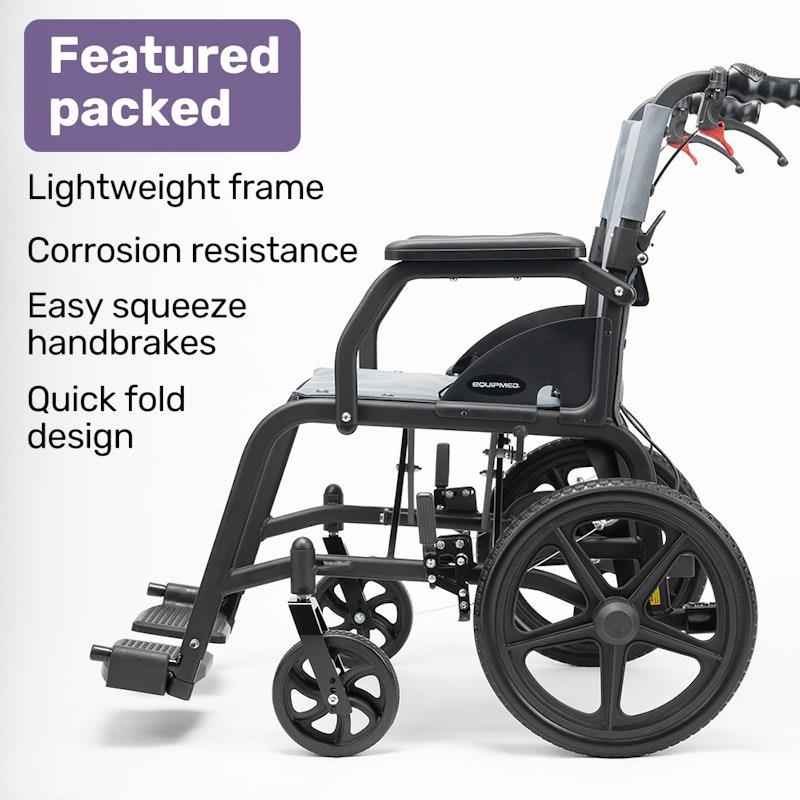 Load image into Gallery viewer, Equipmed Folding Transit Wheelchair Lightweight Grey
