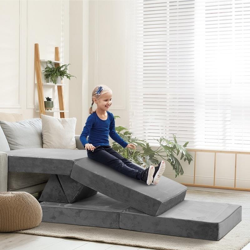 Load image into Gallery viewer, Oikiture 4 Pieces Kids Sofa Play Couch Modular Lounge Cushion Convertible Playset Grey
