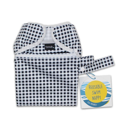 tyoub Adjustable Reusable Swim Nappy and Wet Bag - Black White Gingham Check One Size