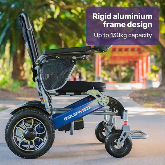 Equipmed Power Electric Wheelchair, Long Range, Airline Approved, Folding, Aluminium Frame, Lithium Battery Blue