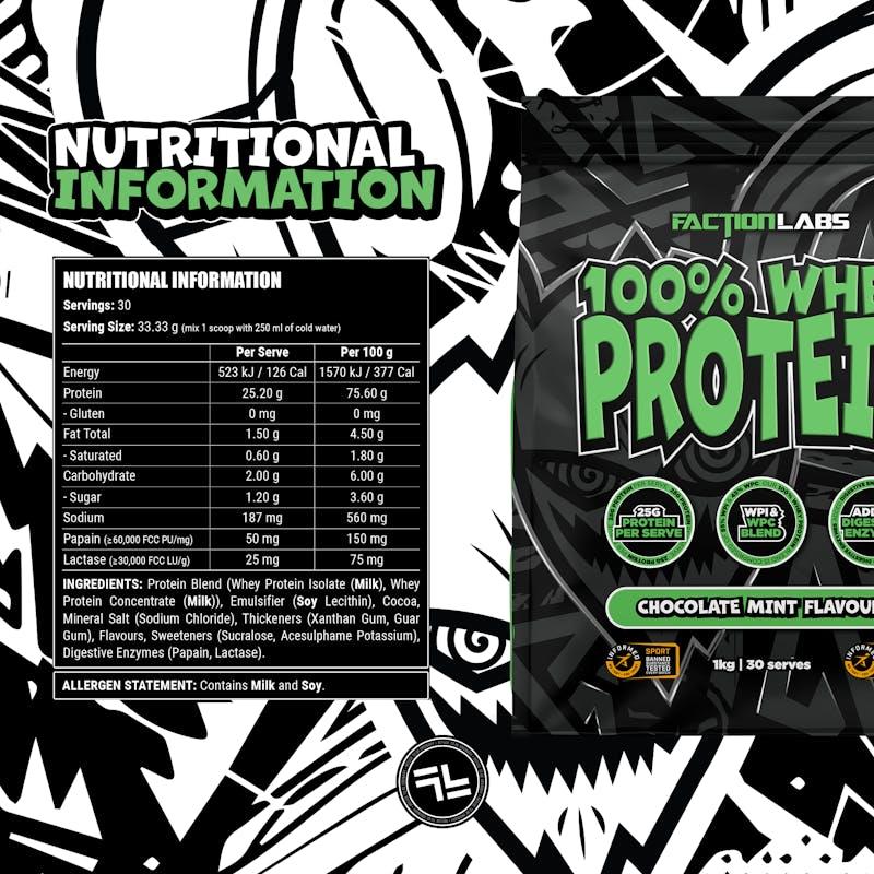 Load image into Gallery viewer, Faction Labs 100% Whey Protein - 30 serves Choc Mint
